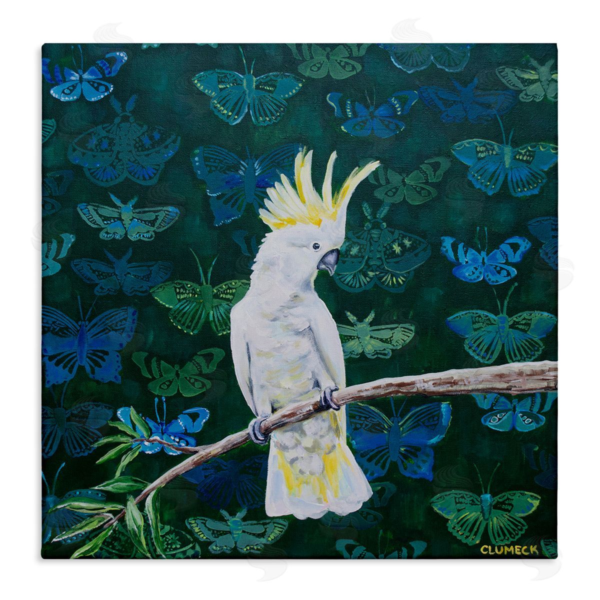 Alana Clumeck Tropical White Yellow Parrot Perched Butterfly Print Pattern Stretched Canvas Wall Art Print