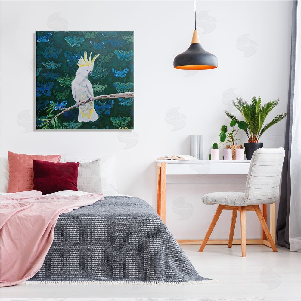 Alana Clumeck Tropical White Yellow Parrot Perched Butterfly Print Pattern Canvas Wall Art in Room