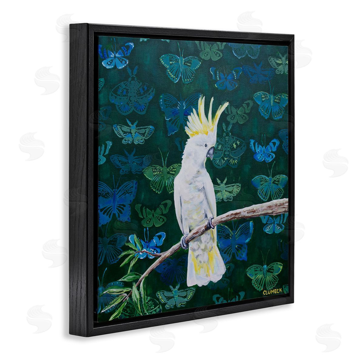 Alana Clumeck Tropical White Yellow Parrot Perched Butterfly Print Pattern Black Floating Frame Canvas Wall Art Print