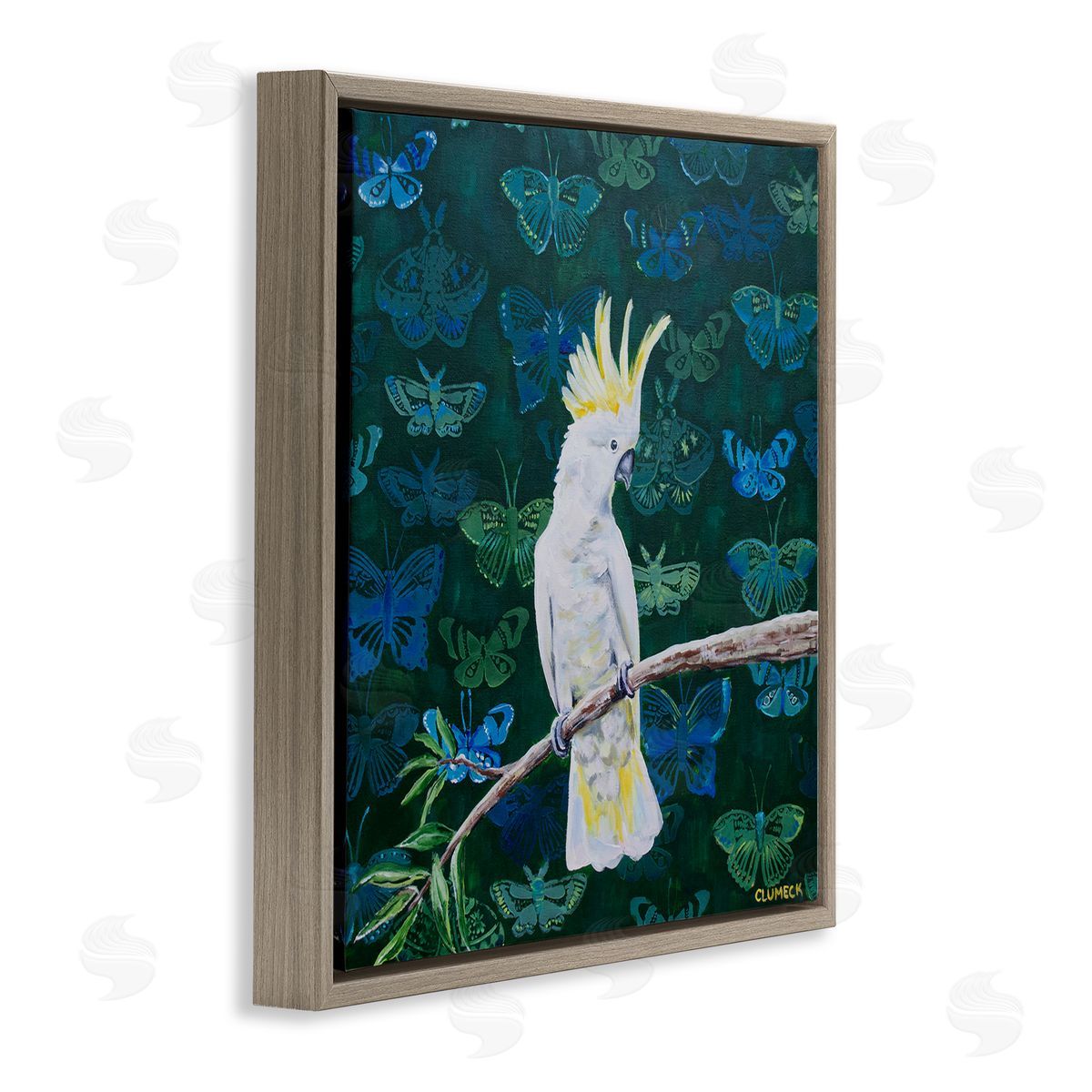 Alana Clumeck Tropical White Yellow Parrot Perched Butterfly Print Pattern Brown Floating Frame Canvas Wall Art Print