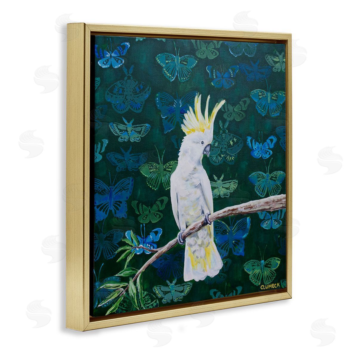 Alana Clumeck Tropical White Yellow Parrot Perched Butterfly Print Pattern Gold Floating Frame Canvas Wall Art Print