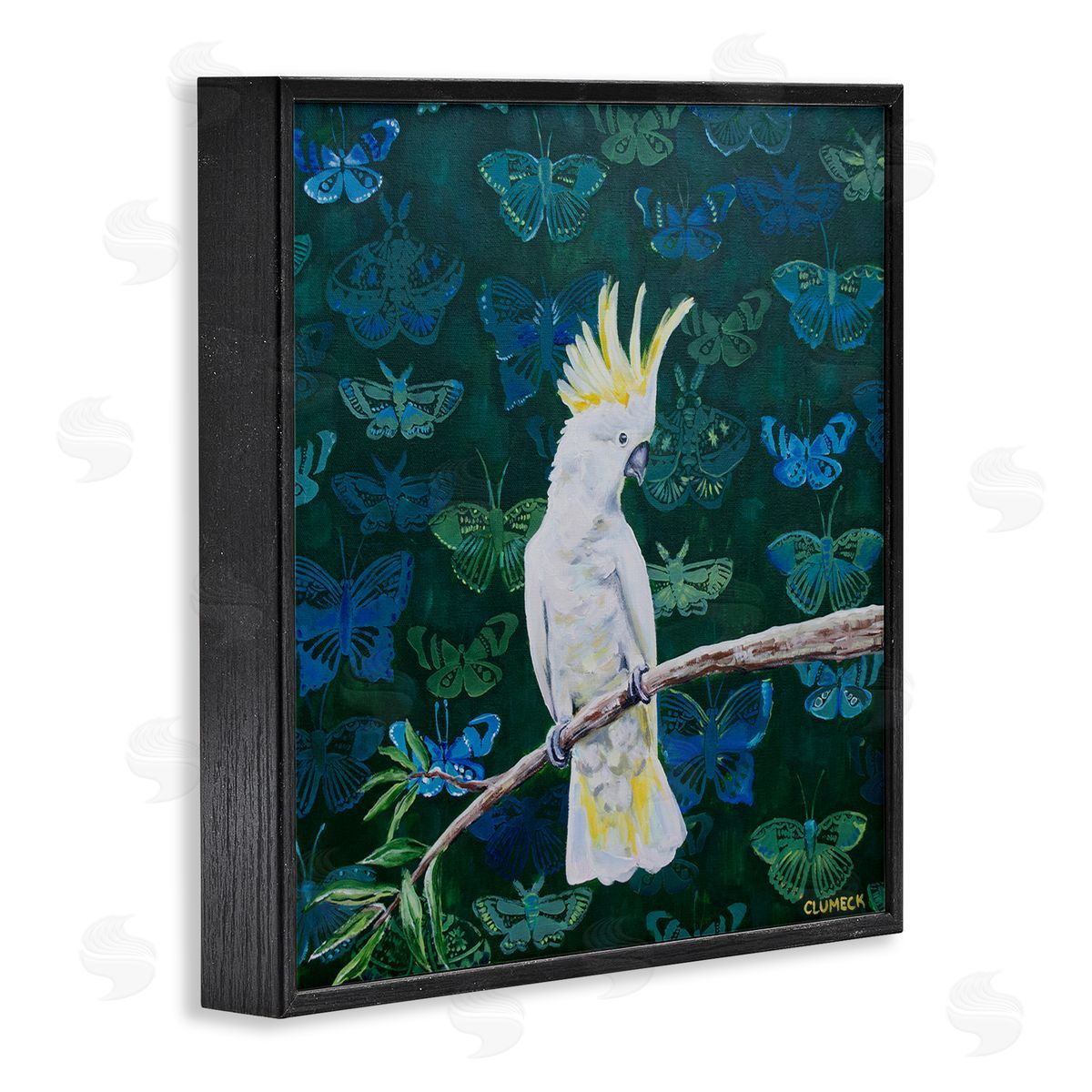 Alana Clumeck Tropical White Yellow Parrot Perched Butterfly Print Pattern Black Framed Glicee Wall Art Print