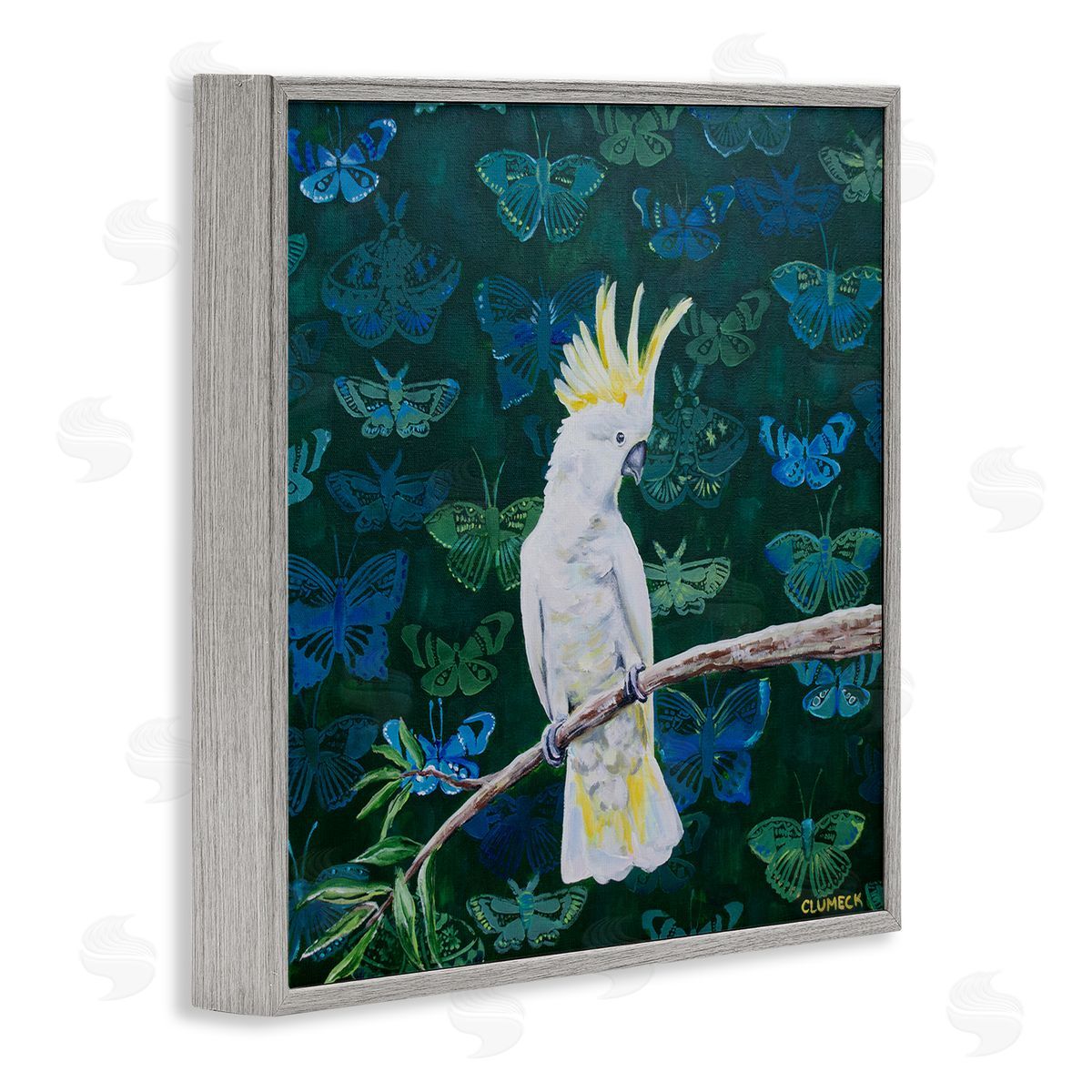 Alana Clumeck Tropical White Yellow Parrot Perched Butterfly Print Pattern Gray Framed Glicee Wall Art Print