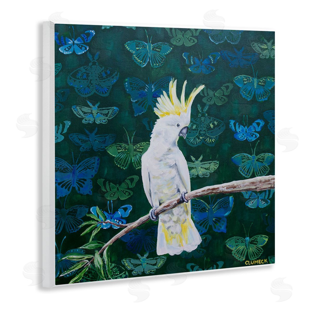 Alana Clumeck Tropical White Yellow Parrot Perched Butterfly Print Pattern Wooden Wall Plaque Art Print