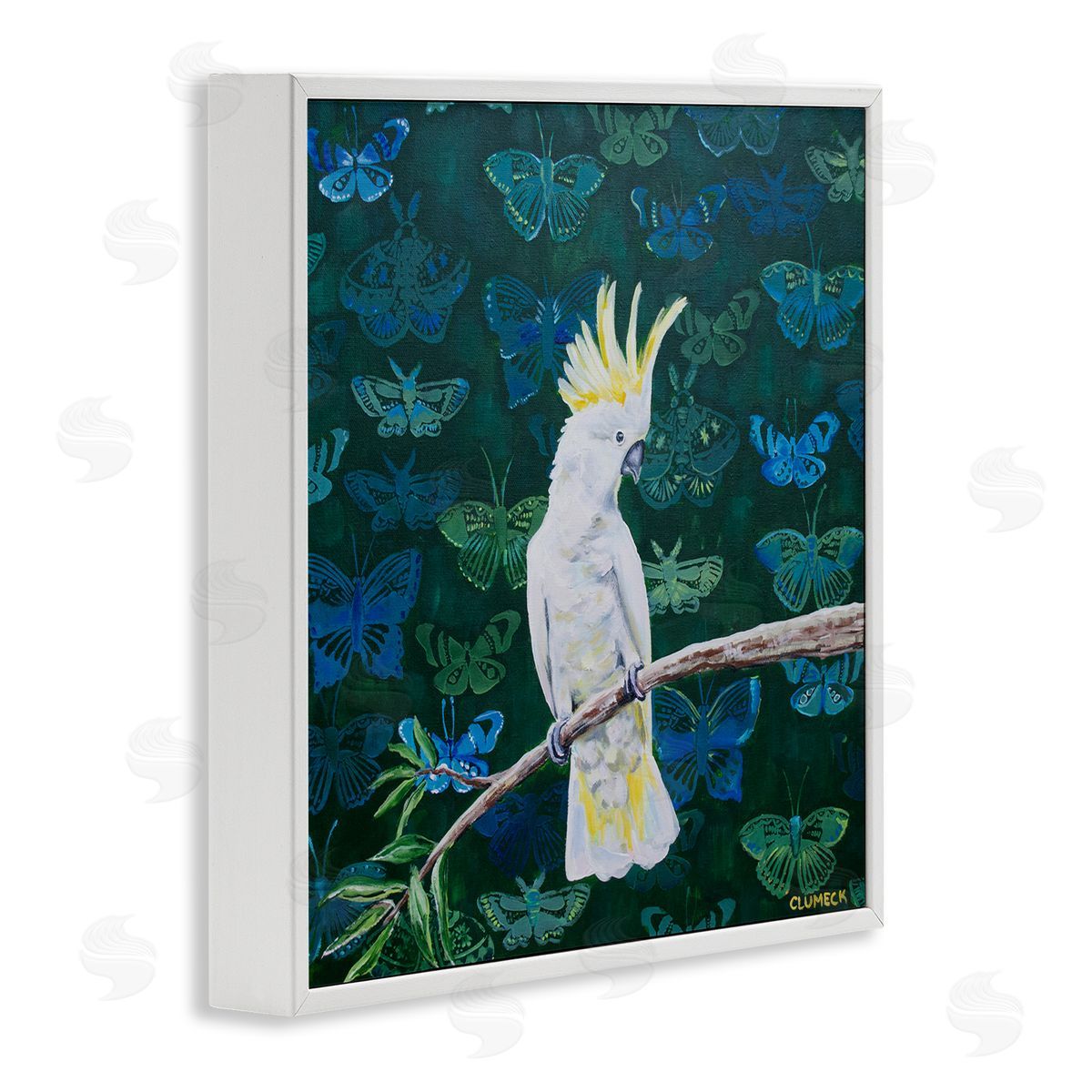 Alana Clumeck Tropical White Yellow Parrot Perched Butterfly Print Pattern White Framed Glicee Wall Art Print