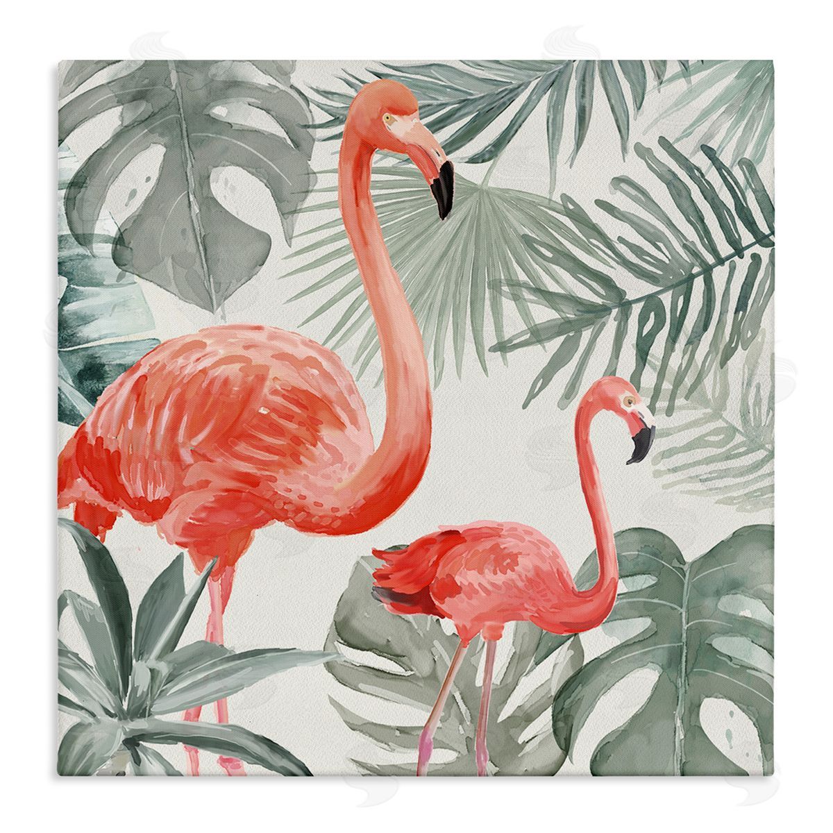 Carson Lyons Tropical Flamingo Family Pink Birds Monstera Palm Leaves Stretched Canvas Wall Art Print