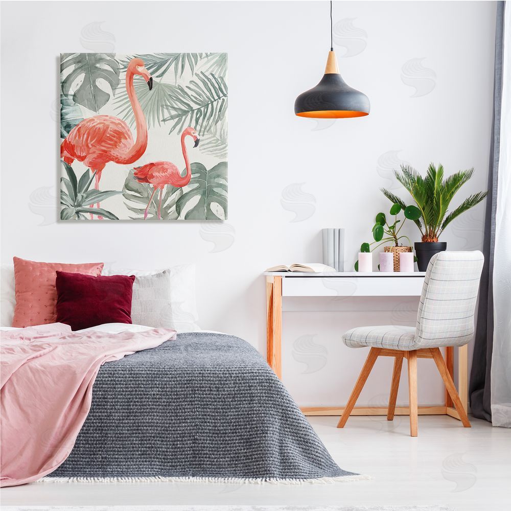 Carson Lyons Tropical Flamingo Family Pink Birds Monstera Palm Leaves Canvas Wall Art in Room