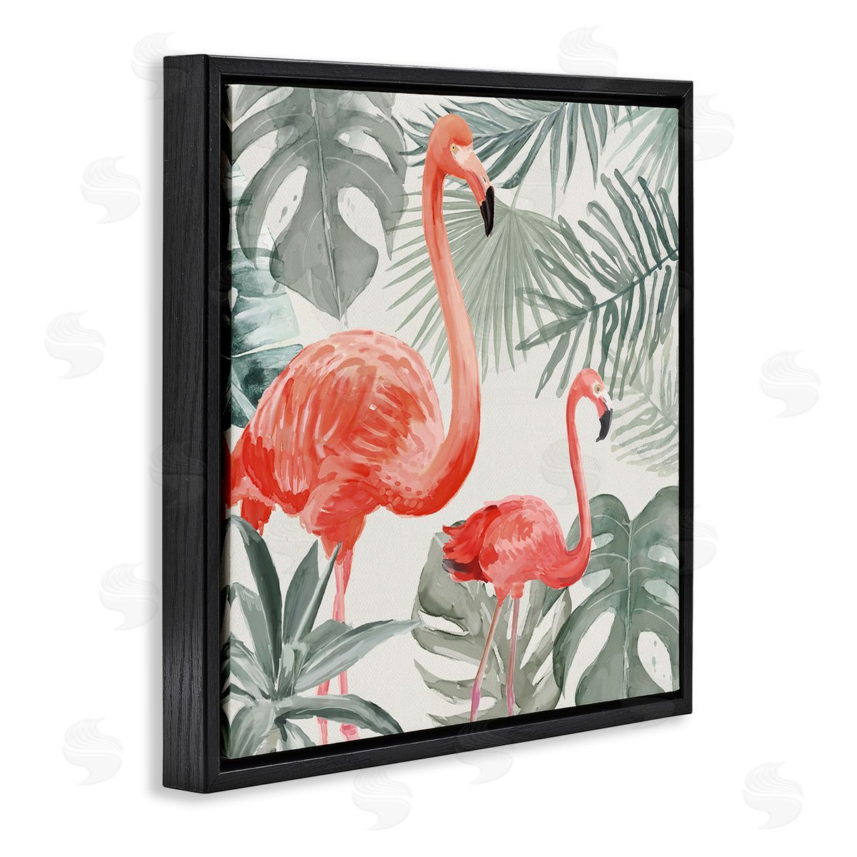 Carson Lyons Tropical Flamingo Family Pink Birds Monstera Palm Leaves Black Floating Frame Canvas Wall Art Print