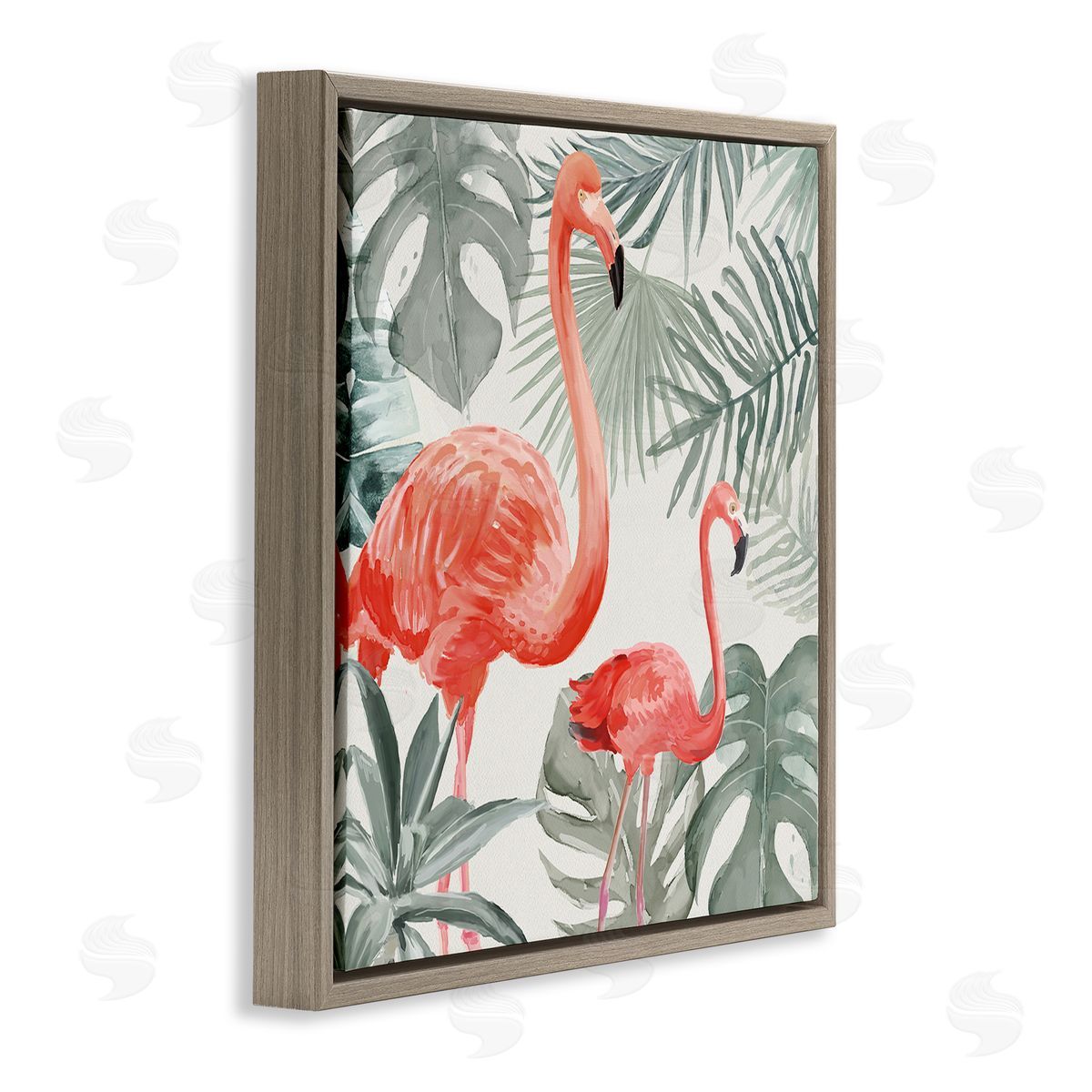 Carson Lyons Tropical Flamingo Family Pink Birds Monstera Palm Leaves Brown Floating Frame Canvas Wall Art Print