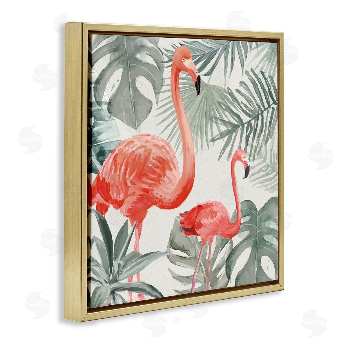 Carson Lyons Tropical Flamingo Family Pink Birds Monstera Palm Leaves Gold Floating Frame Canvas Wall Art Print