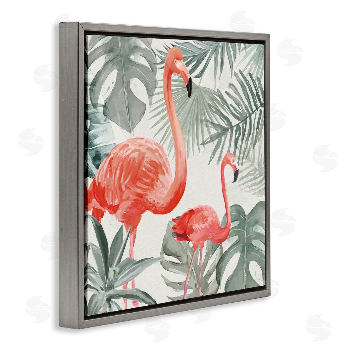 Carson Lyons Tropical Flamingo Family Pink Birds Monstera Palm Leaves Gray Floating Frame Canvas Wall Art Print