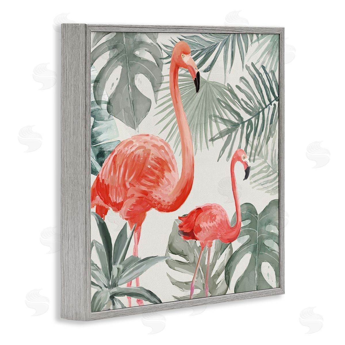 Carson Lyons Tropical Flamingo Family Pink Birds Monstera Palm Leaves Gray Framed Glicee Wall Art Print