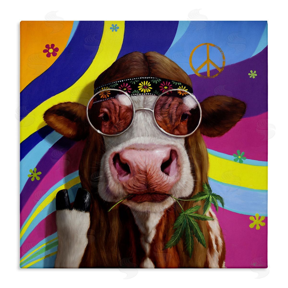 Lucia Heffernan Hippy Farm Cow Retro Groovy Stripes Peace Sign Stretched Canvas Wall Art Print