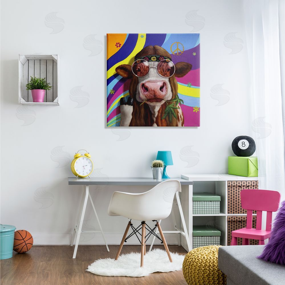 Lucia Heffernan Hippy Farm Cow Retro Groovy Stripes Peace Sign Canvas Wall Art in Room