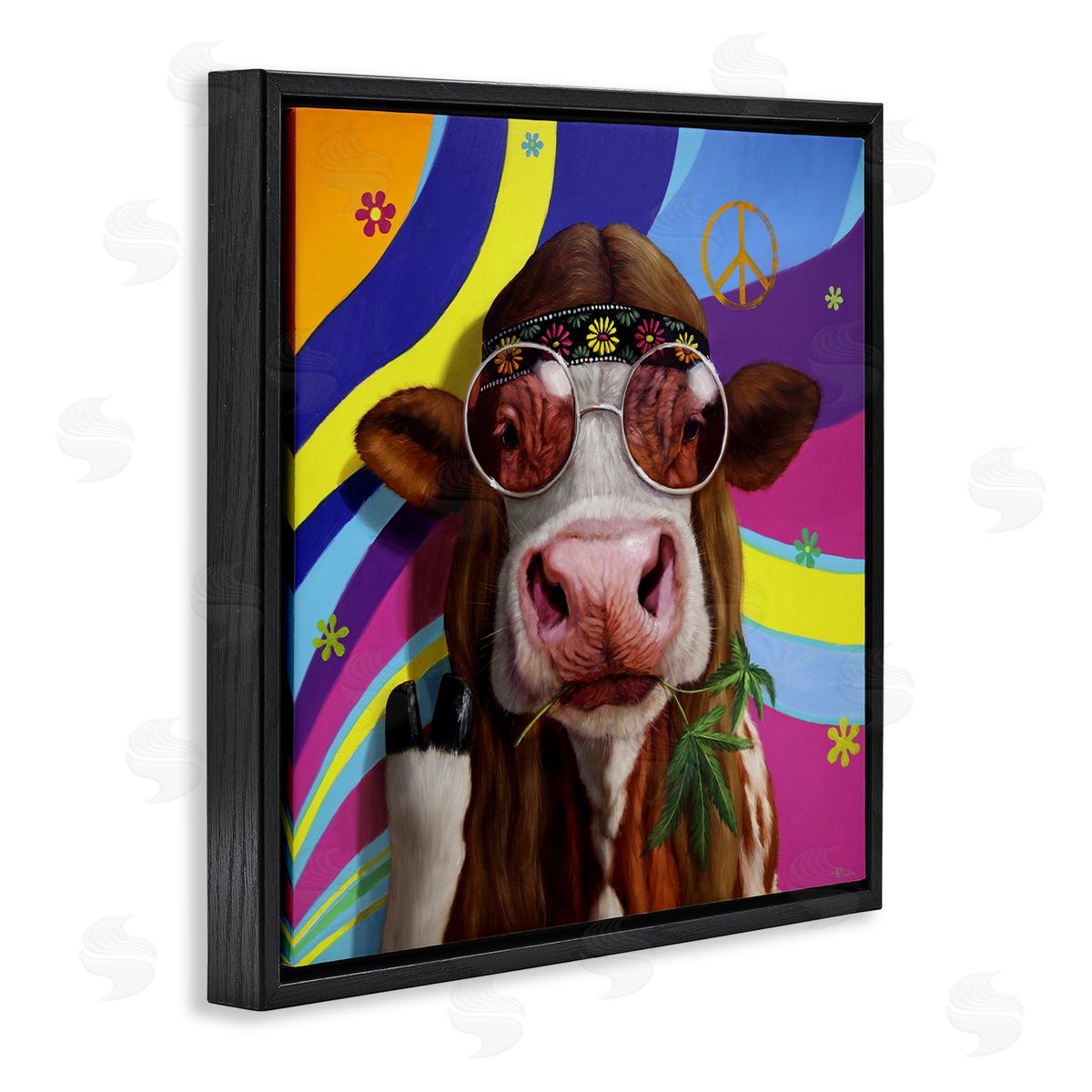 Lucia Heffernan Hippy Farm Cow Retro Groovy Stripes Peace Sign Black Floating Frame Canvas Wall Art Print