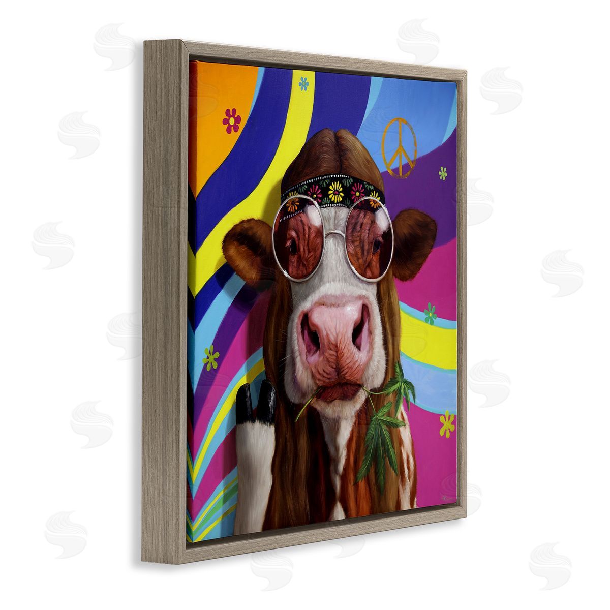Lucia Heffernan Hippy Farm Cow Retro Groovy Stripes Peace Sign Brown Floating Frame Canvas Wall Art Print