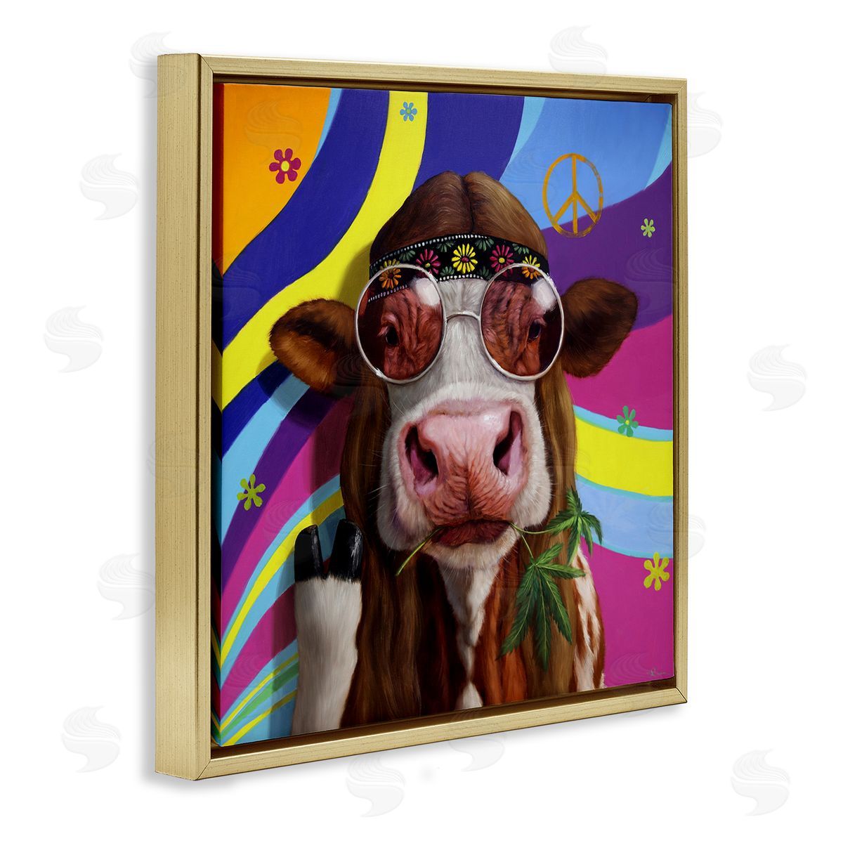 Lucia Heffernan Hippy Farm Cow Retro Groovy Stripes Peace Sign Gold Floating Frame Canvas Wall Art Print