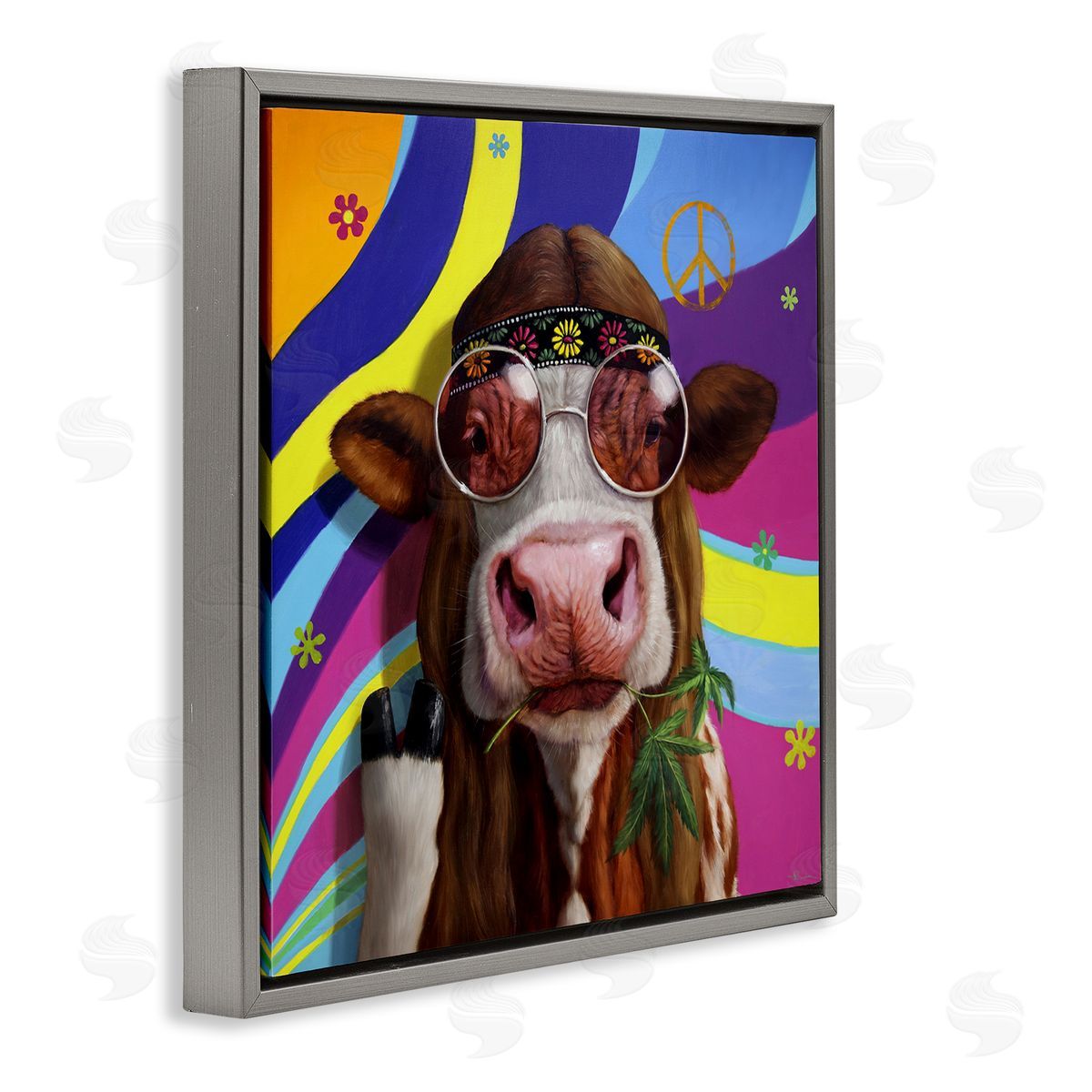 Lucia Heffernan Hippy Farm Cow Retro Groovy Stripes Peace Sign Gray Floating Frame Canvas Wall Art Print