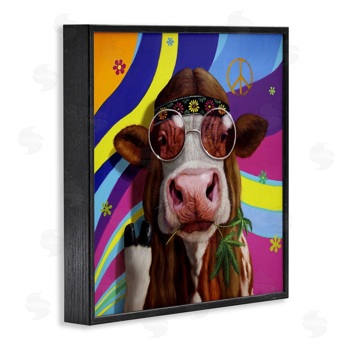 Lucia Heffernan Hippy Farm Cow Retro Groovy Stripes Peace Sign Black Framed Glicee Wall Art Print