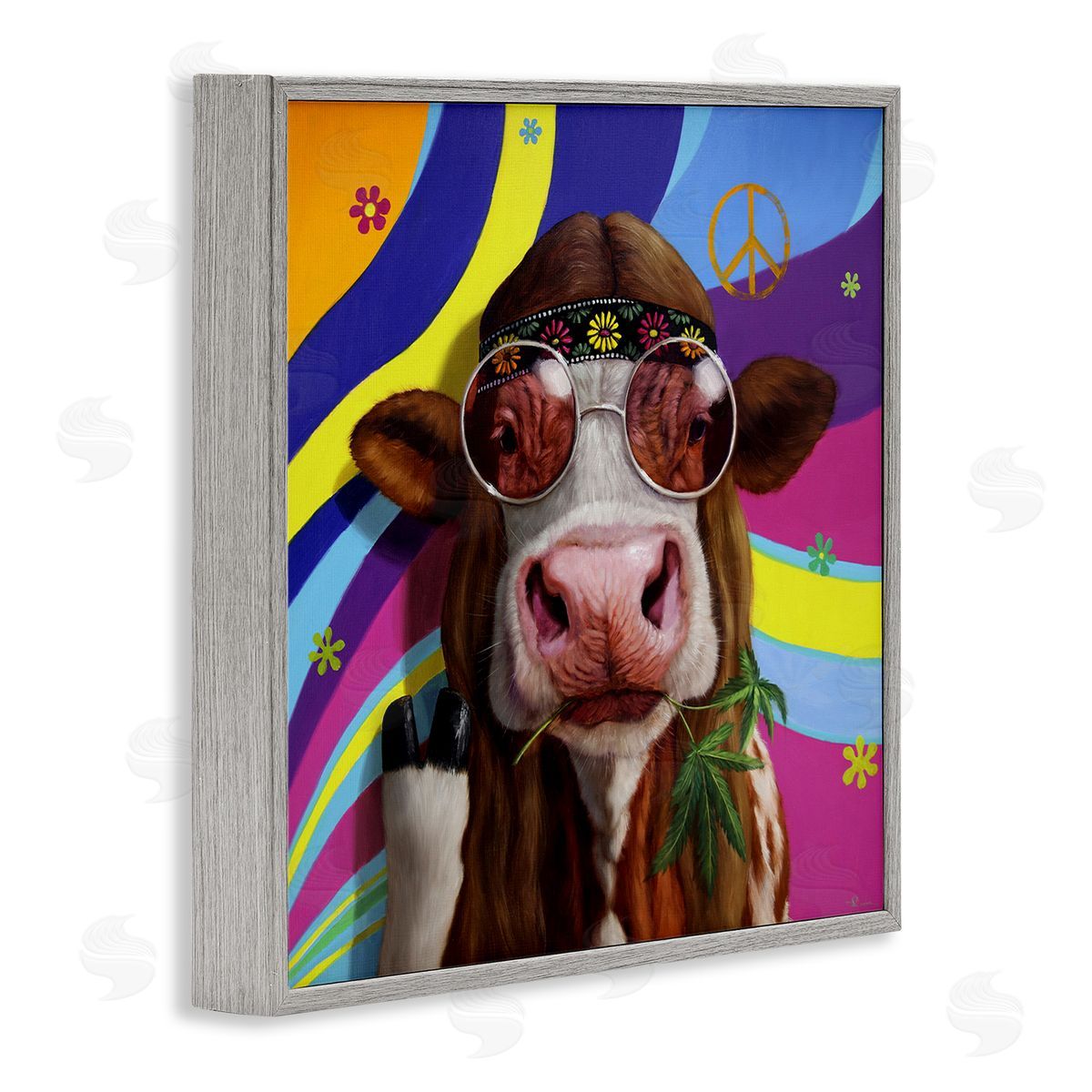 Lucia Heffernan Hippy Farm Cow Retro Groovy Stripes Peace Sign Gray Framed Glicee Wall Art Print