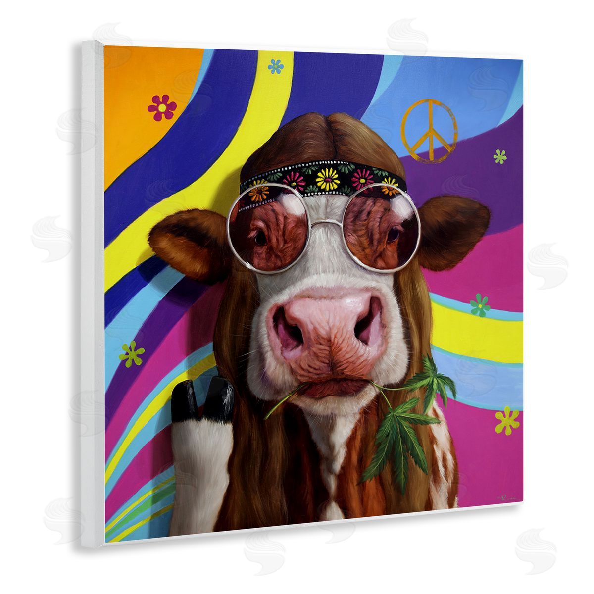 Lucia Heffernan Hippy Farm Cow Retro Groovy Stripes Peace Sign Wooden Wall Plaque Art Print