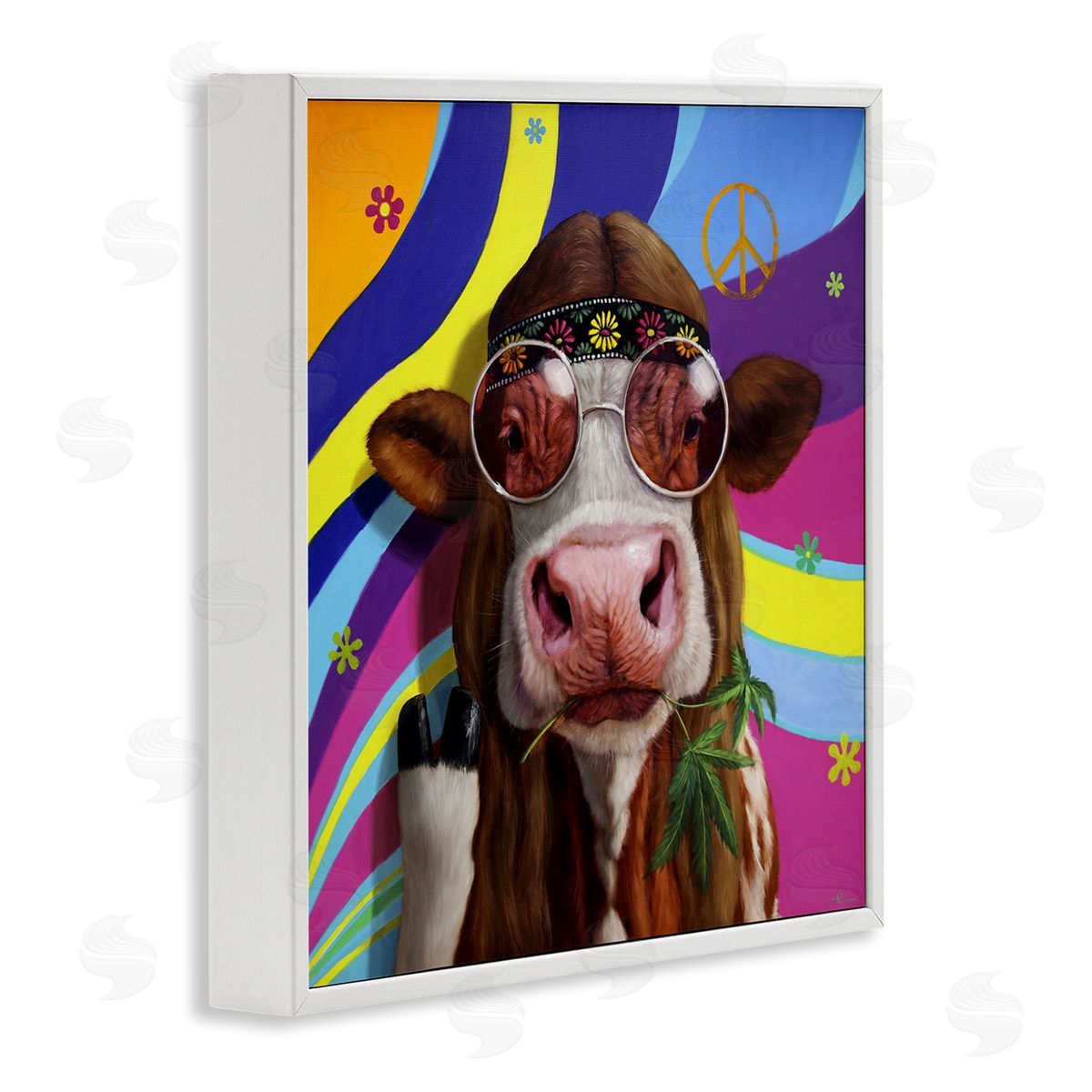 Lucia Heffernan Hippy Farm Cow Retro Groovy Stripes Peace Sign White Framed Glicee Wall Art Print