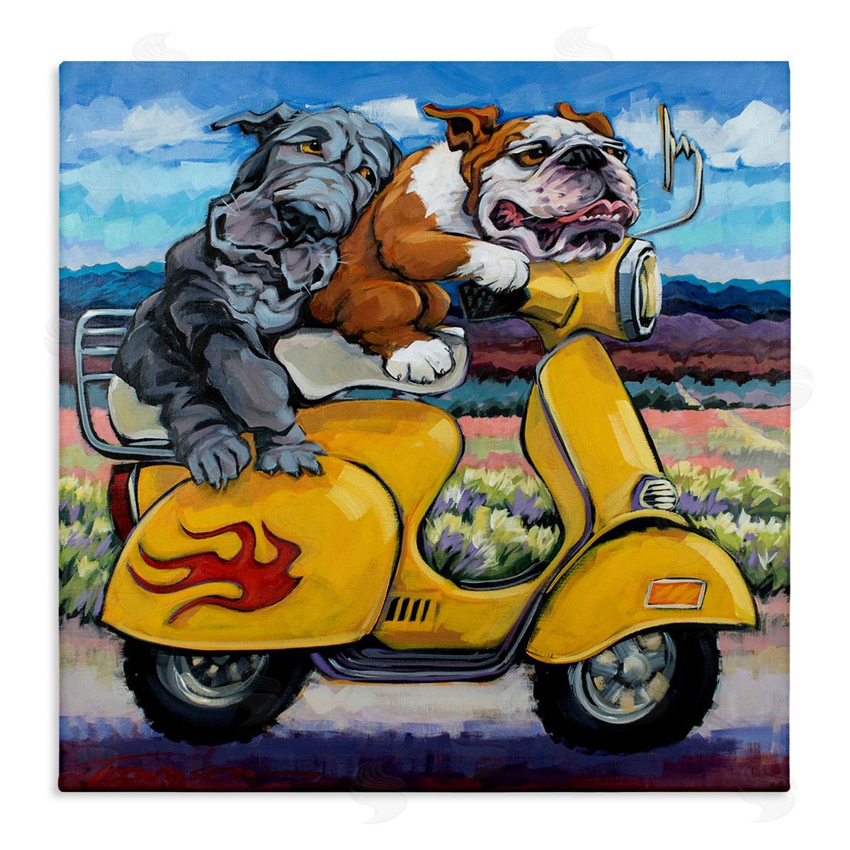CR Townsend Scooter Dogs Yellow Moped Southwestern Landscape Mountain Bulldogs Stretched Canvas Wall Art Print