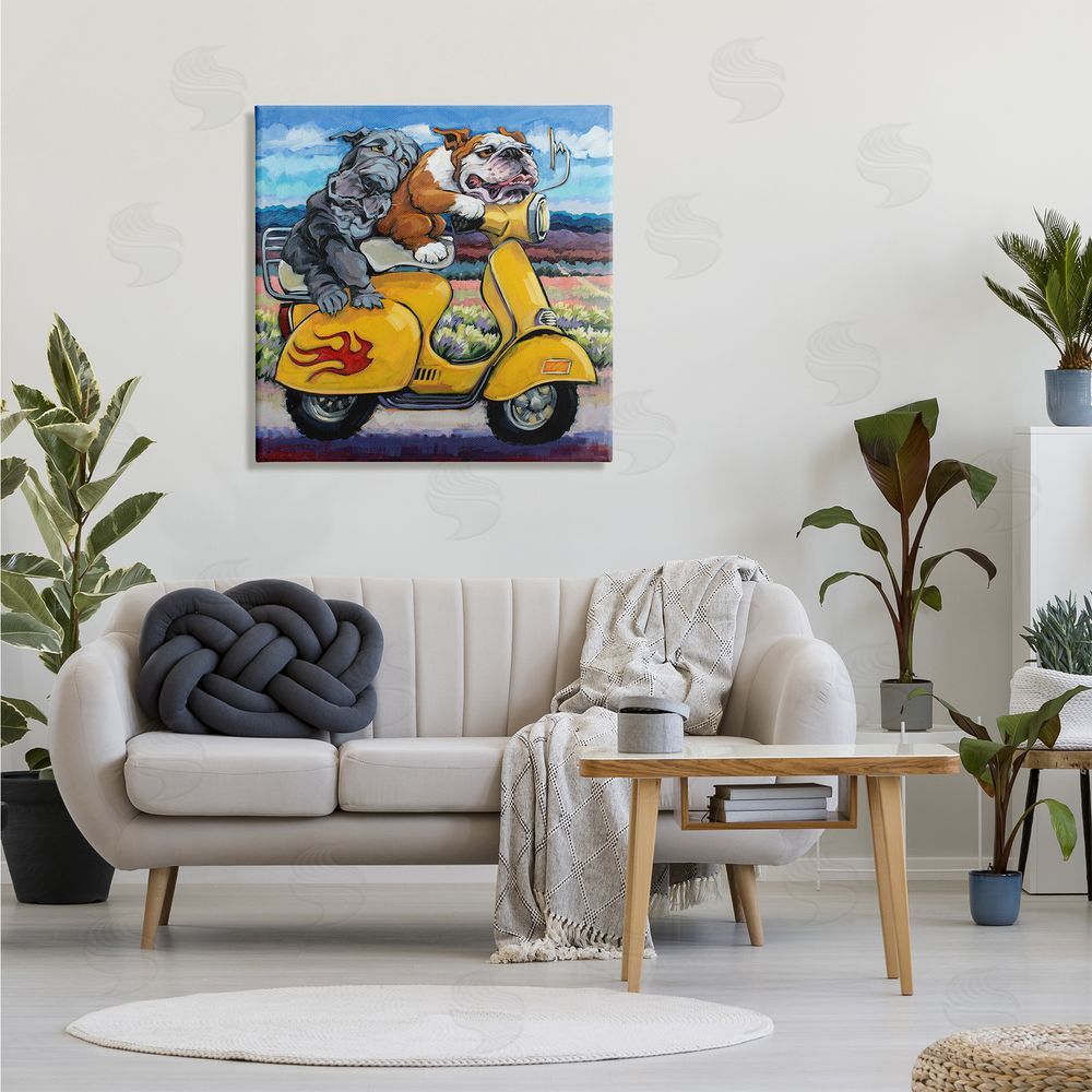 CR Townsend Scooter Dogs Yellow Moped Southwestern Landscape Mountain Bulldogs Canvas Wall Art in Room