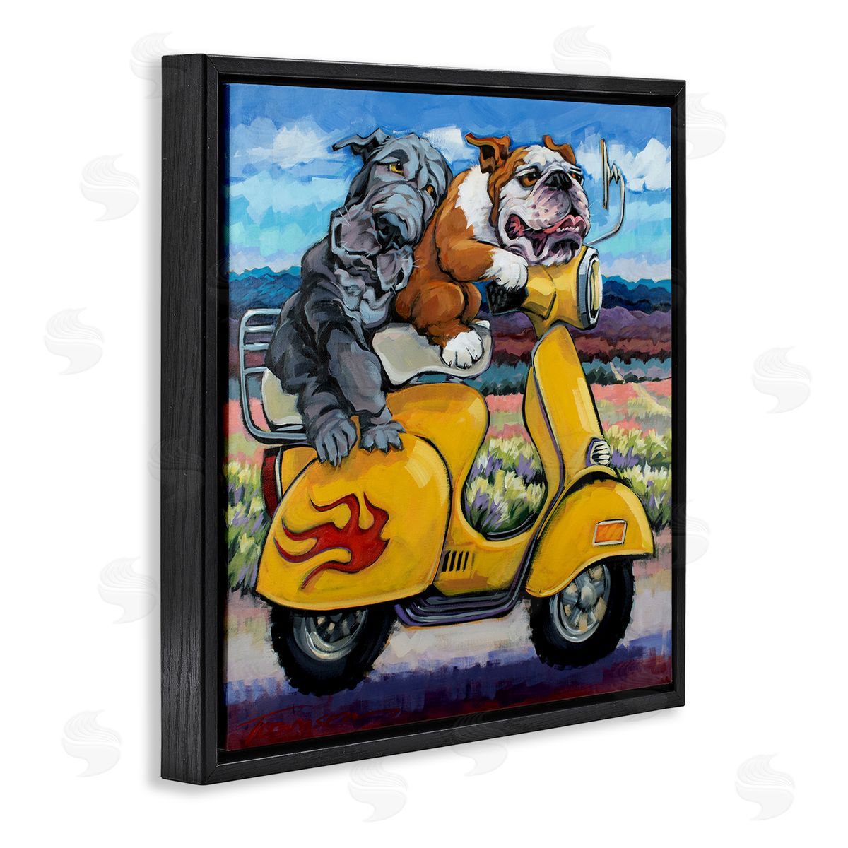 CR Townsend Scooter Dogs Yellow Moped Southwestern Landscape Mountain Bulldogs Black Floating Frame Canvas Wall Art Print