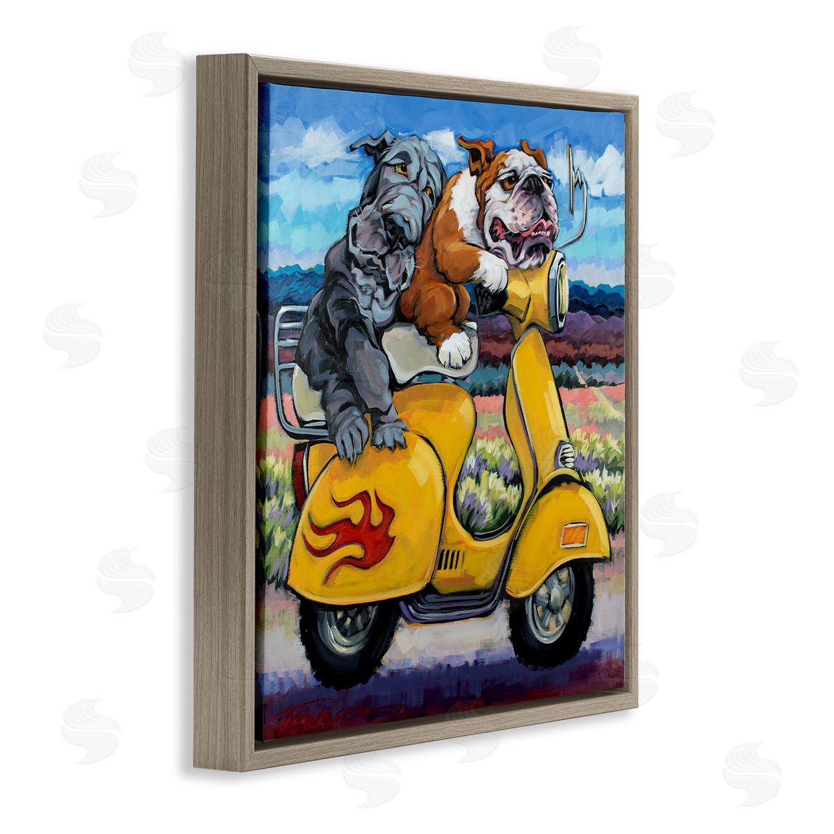 CR Townsend Scooter Dogs Yellow Moped Southwestern Landscape Mountain Bulldogs Brown Floating Frame Canvas Wall Art Print