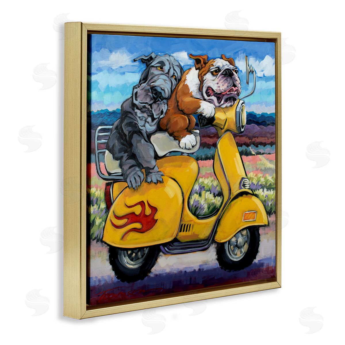 CR Townsend Scooter Dogs Yellow Moped Southwestern Landscape Mountain Bulldogs Gold Floating Frame Canvas Wall Art Print