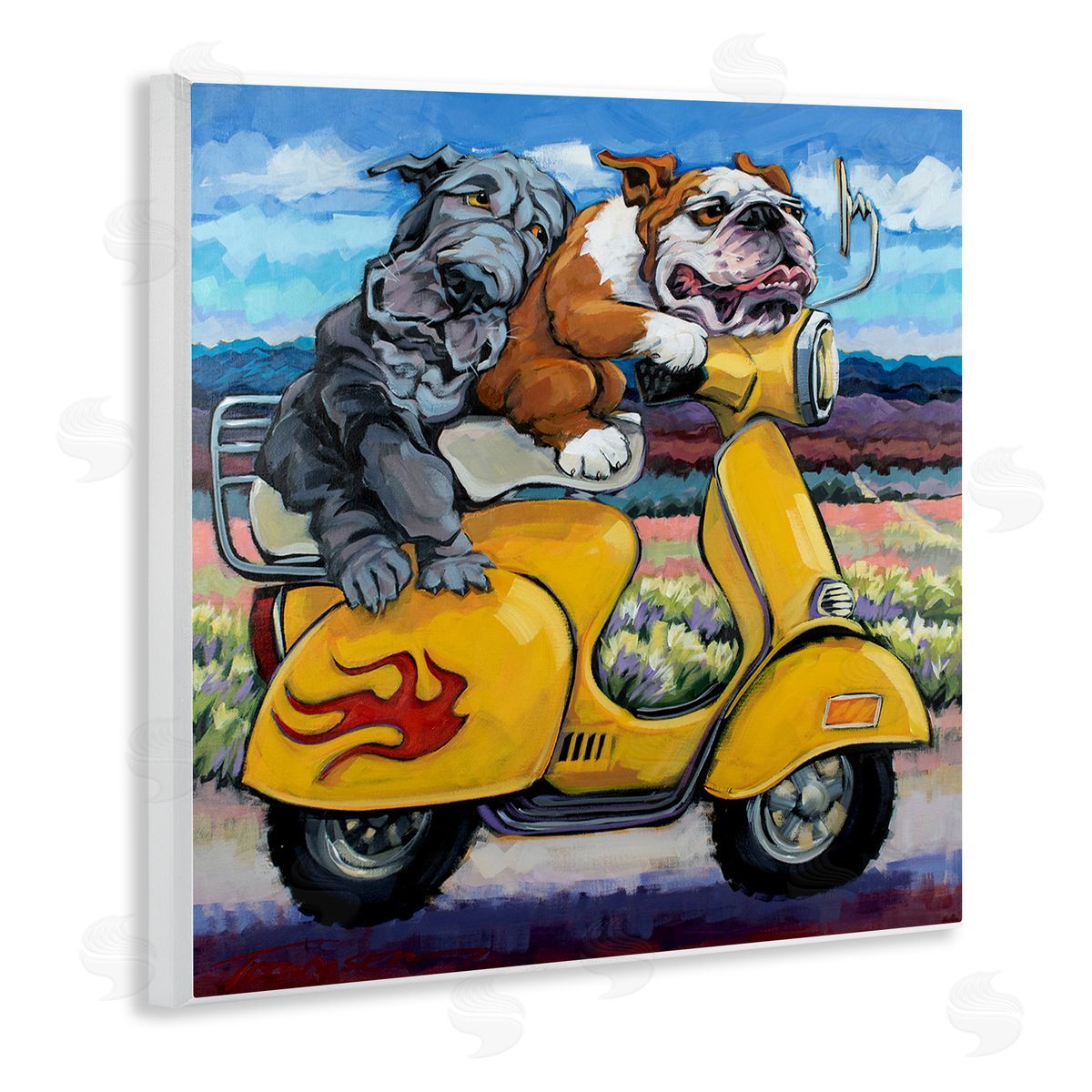 CR Townsend Scooter Dogs Yellow Moped Southwestern Landscape Mountain Bulldogs Wooden Wall Plaque Art Print