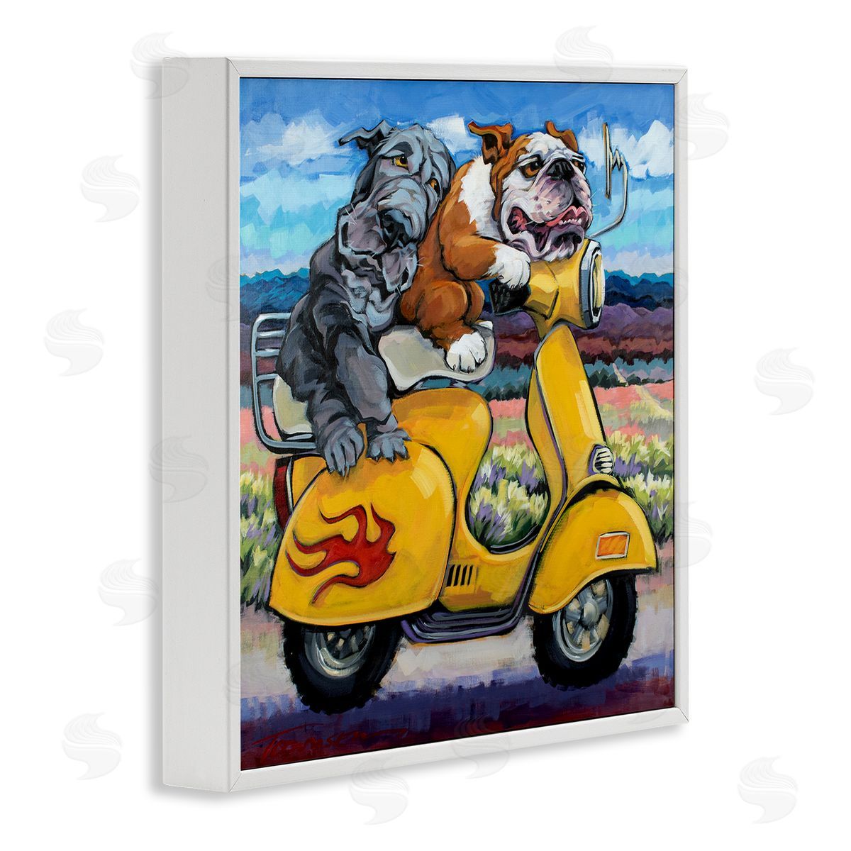 CR Townsend Scooter Dogs Yellow Moped Southwestern Landscape Mountain Bulldogs White Framed Glicee Wall Art Print