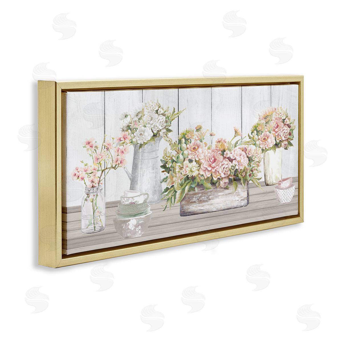 Farm Table Bouquet Still Life Gold Floating Frame Canvas Wall Art, Home Decor by Patricia Pinto