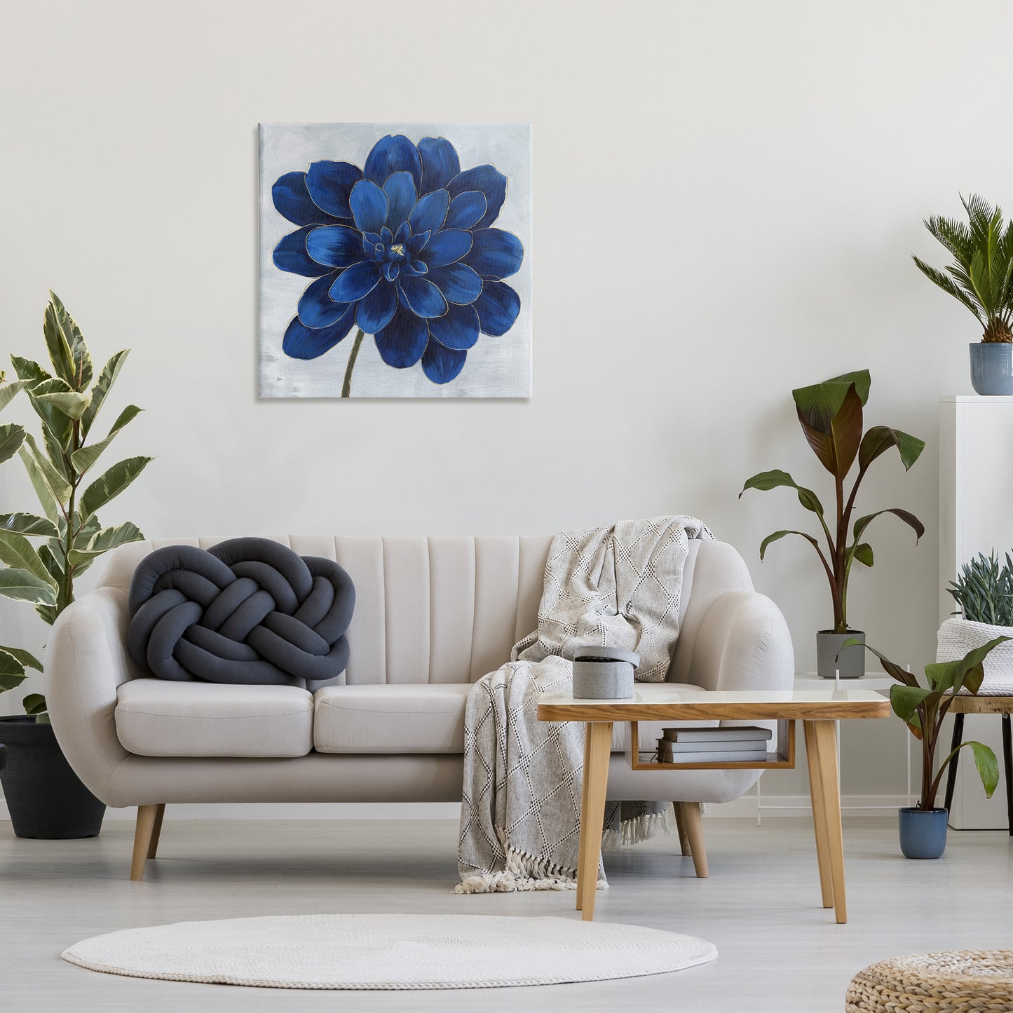 Modern Deep Blue Floral Carnation Canvas Wall Art in Room, Home Decor by Nan