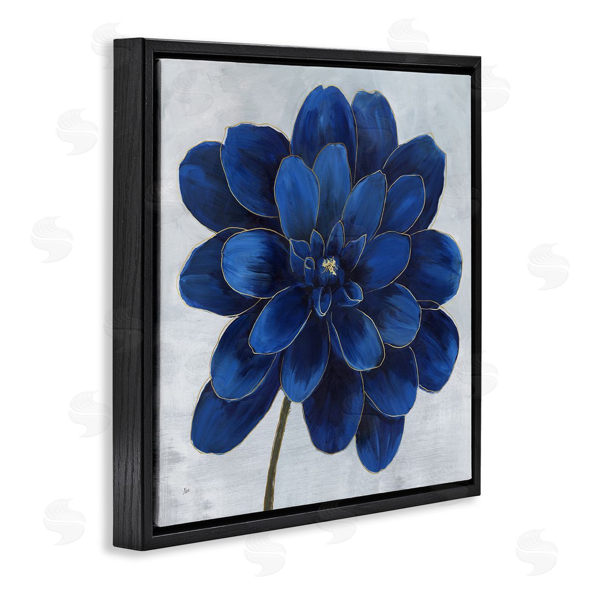 Modern Deep Blue Floral Carnation Black Floating Frame Canvas Wall Art, Home Decor by Nan