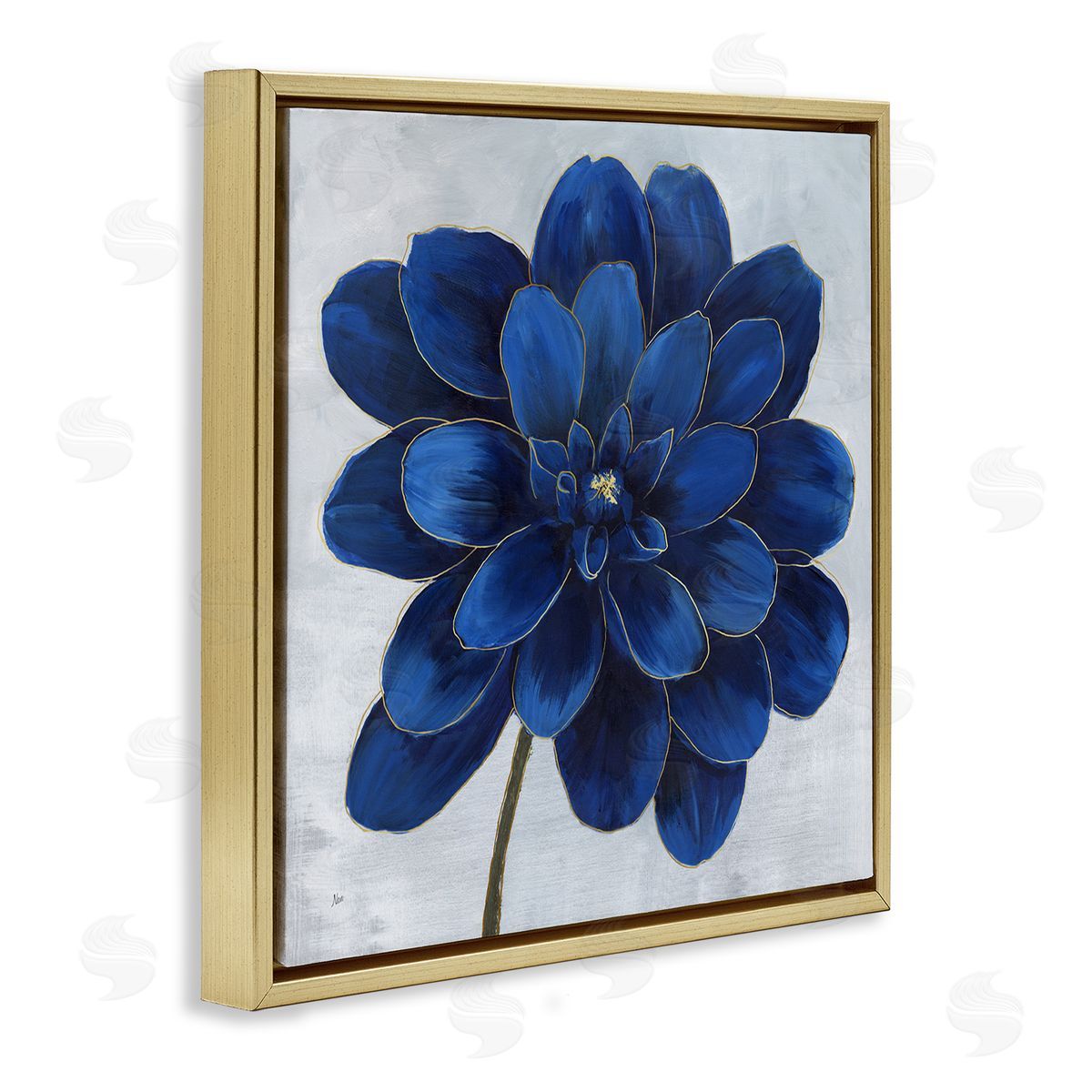 Modern Deep Blue Floral Carnation Gold Floating Frame Canvas Wall Art, Home Decor by Nan