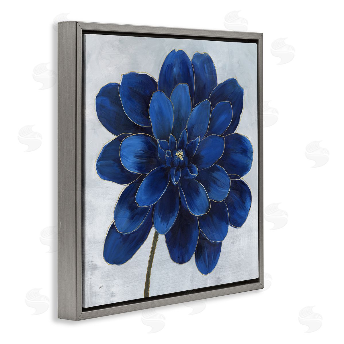 Modern Deep Blue Floral Carnation Grey Floating Frame Canvas Wall Art, Home Decor by Nan