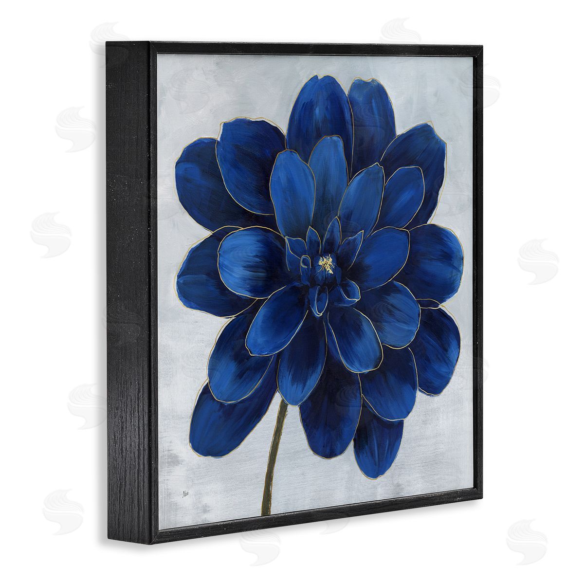 Modern Deep Blue Floral Carnation Black Frame Print Wall Art, Home Decor by Nan