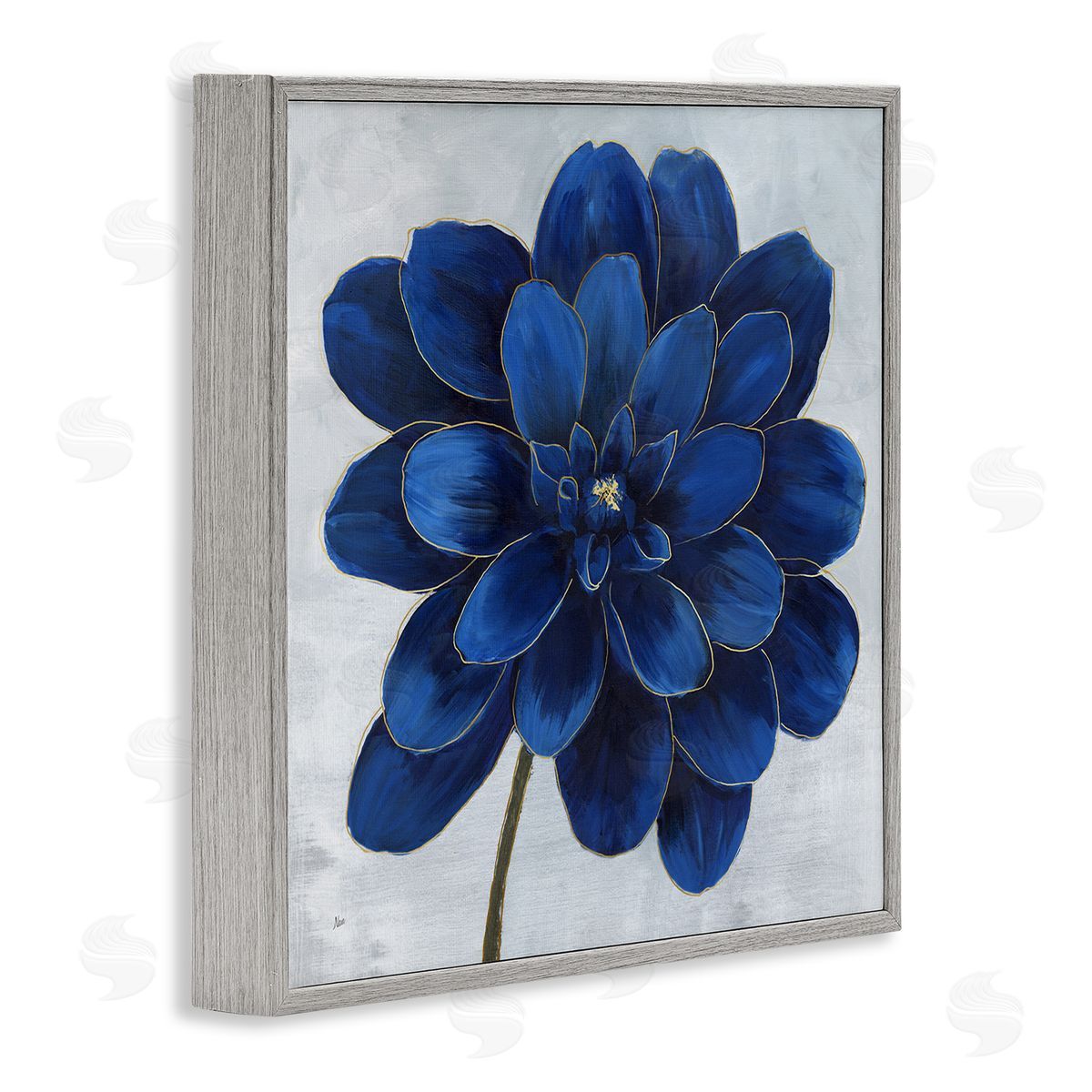Modern Deep Blue Floral Carnation Grey Frame Print Wall Art, Home Decor by Nan