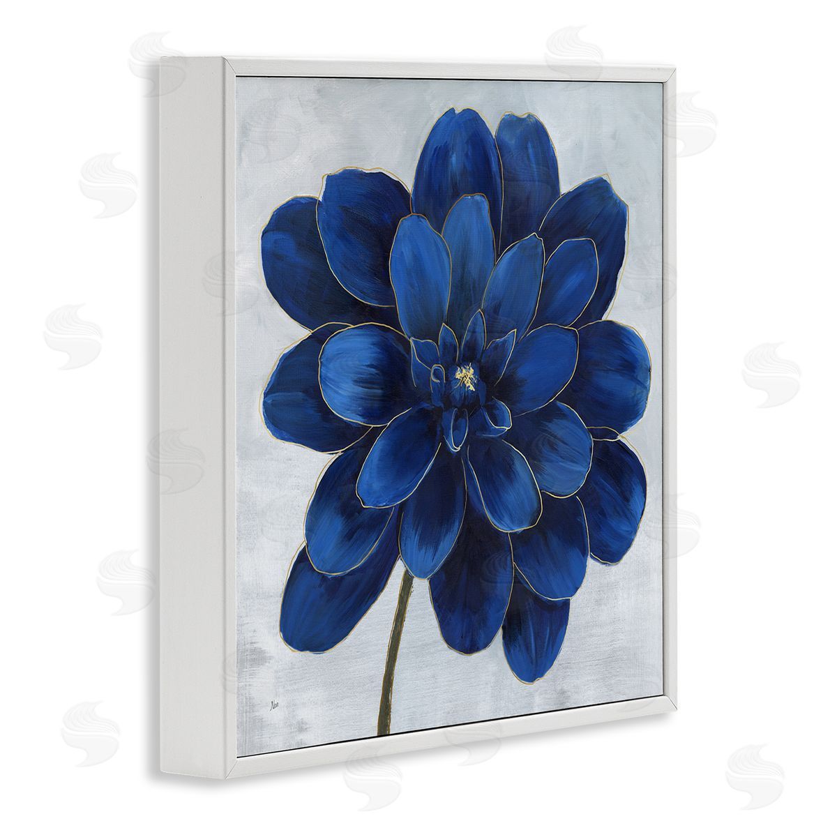Modern Deep Blue Floral Carnation White Frame Print Wall Art, Home Decor by Nan