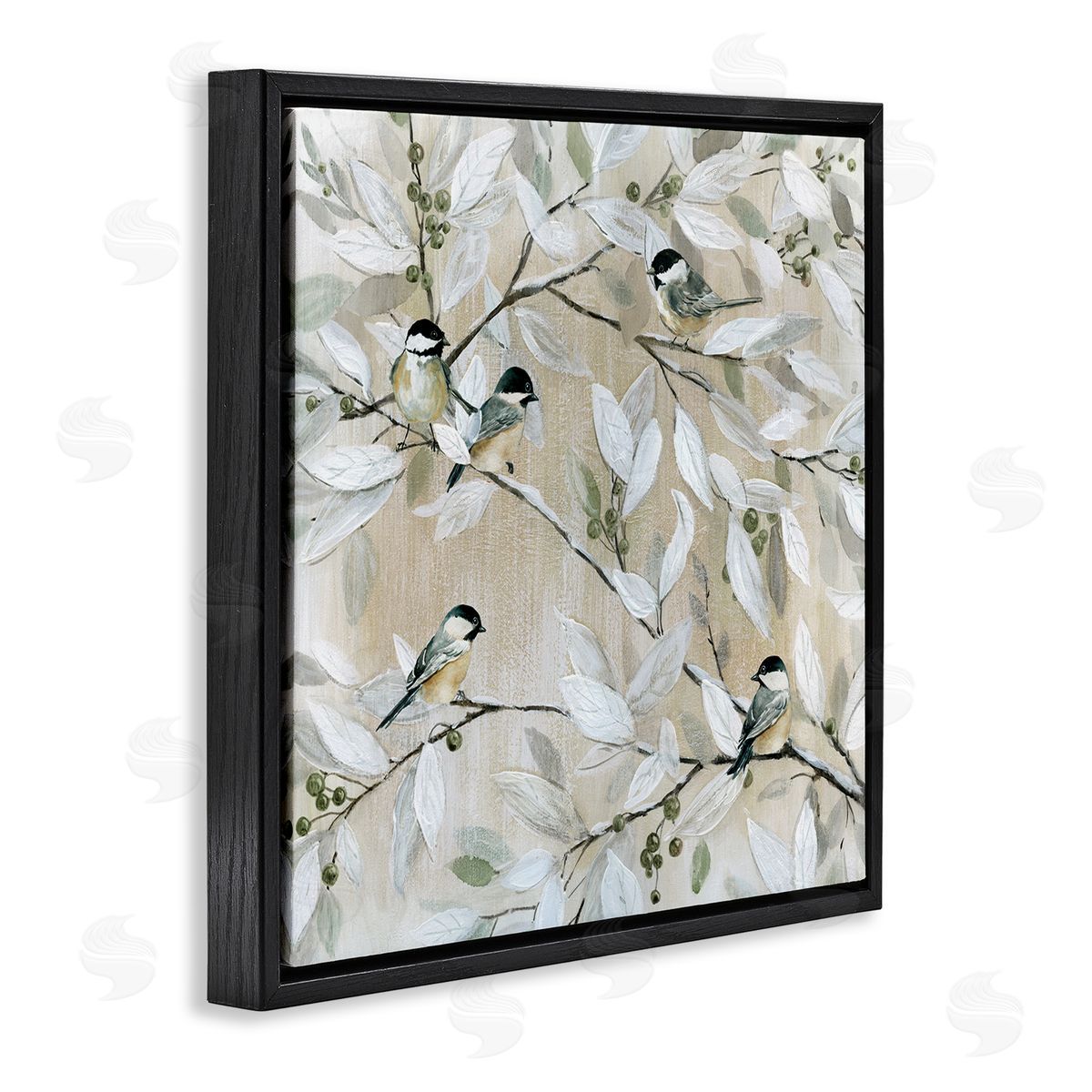 Chickadee Birds on Branches Black Floating Frame Canvas Wall Art, Home Decor by Carol Robinson