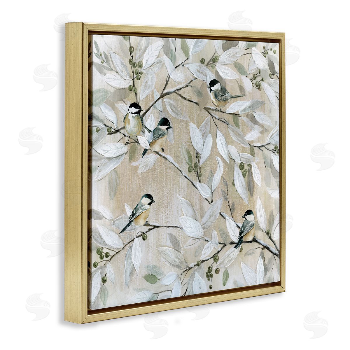 Chickadee Birds on Branches Gold Floating Frame Canvas Wall Art, Home Decor by Carol Robinson