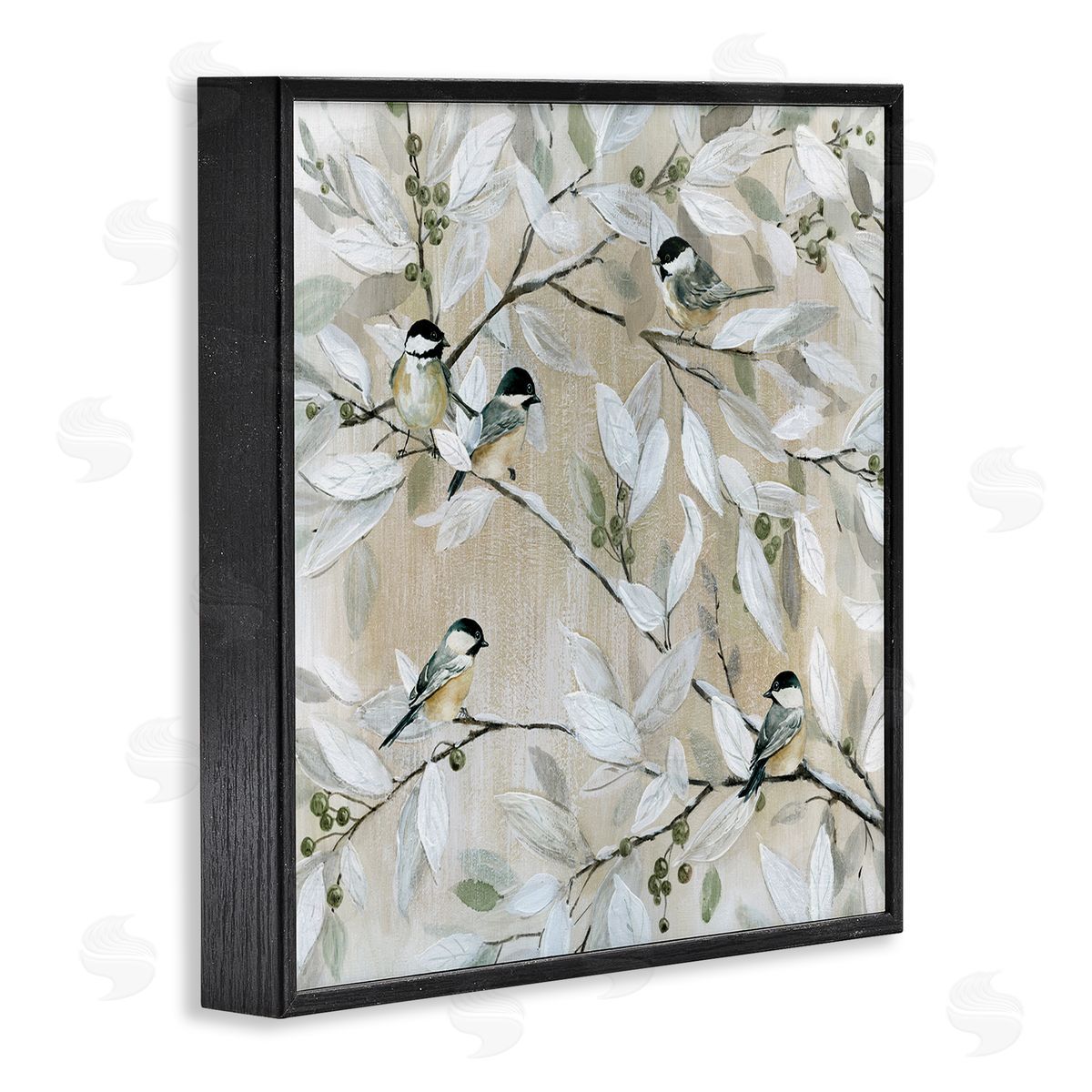 Chickadee Birds on Branches Black Frame Print Wall Art, Home Decor by Carol Robinson