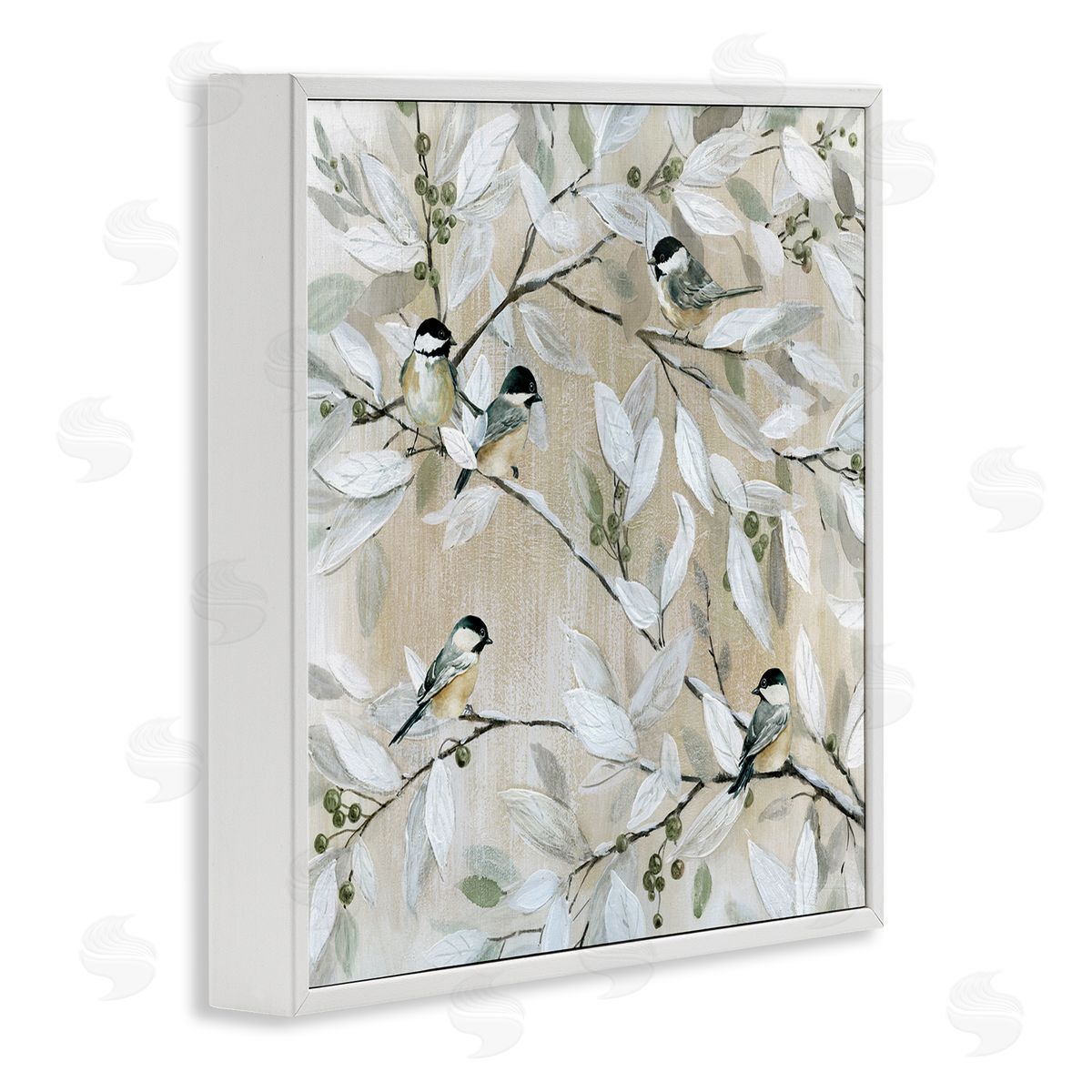Chickadee Birds on Branches White Frame Print Wall Art, Home Decor by Carol Robinson