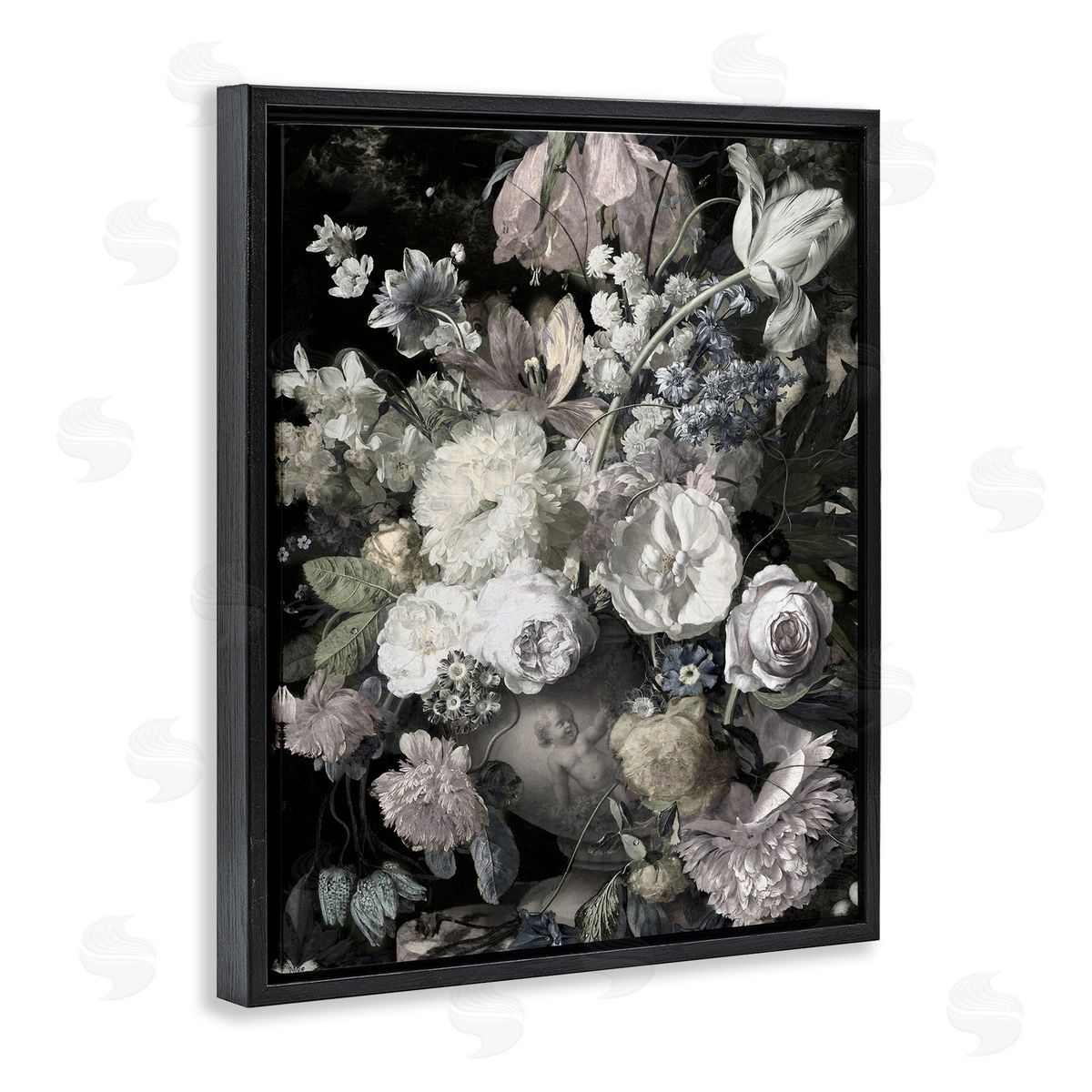 Classical Busy Flower Bouquet Black Floating Frame Canvas Wall Art, Home Decor by Angela McQueen