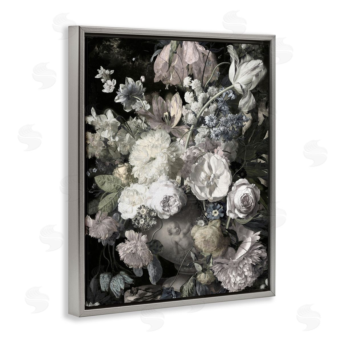 Classical Busy Flower Bouquet Grey Floating Frame Canvas Wall Art, Home Decor by Angela McQueen
