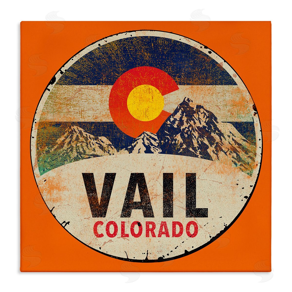 Jim Baldwin Vintage Vail Colorado Pendant Snowy Mountains Bold Orange Stretched Canvas Wall Art Print