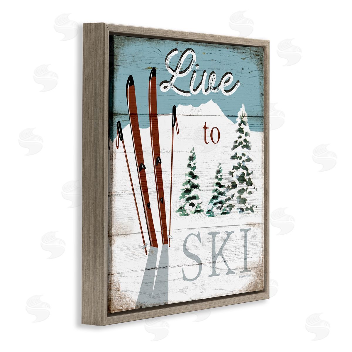 Live To Ski Rustic Snow Sports Brown Floating Frame Canvas Wall Art, Home Decor by Elizabeth Tyndall