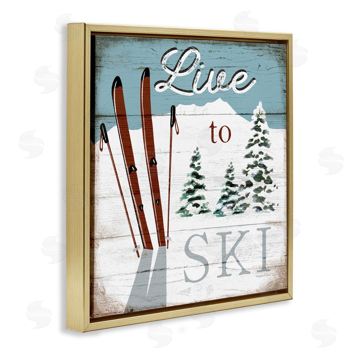 Live To Ski Rustic Snow Sports Gold Floating Frame Canvas Wall Art, Home Decor by Elizabeth Tyndall